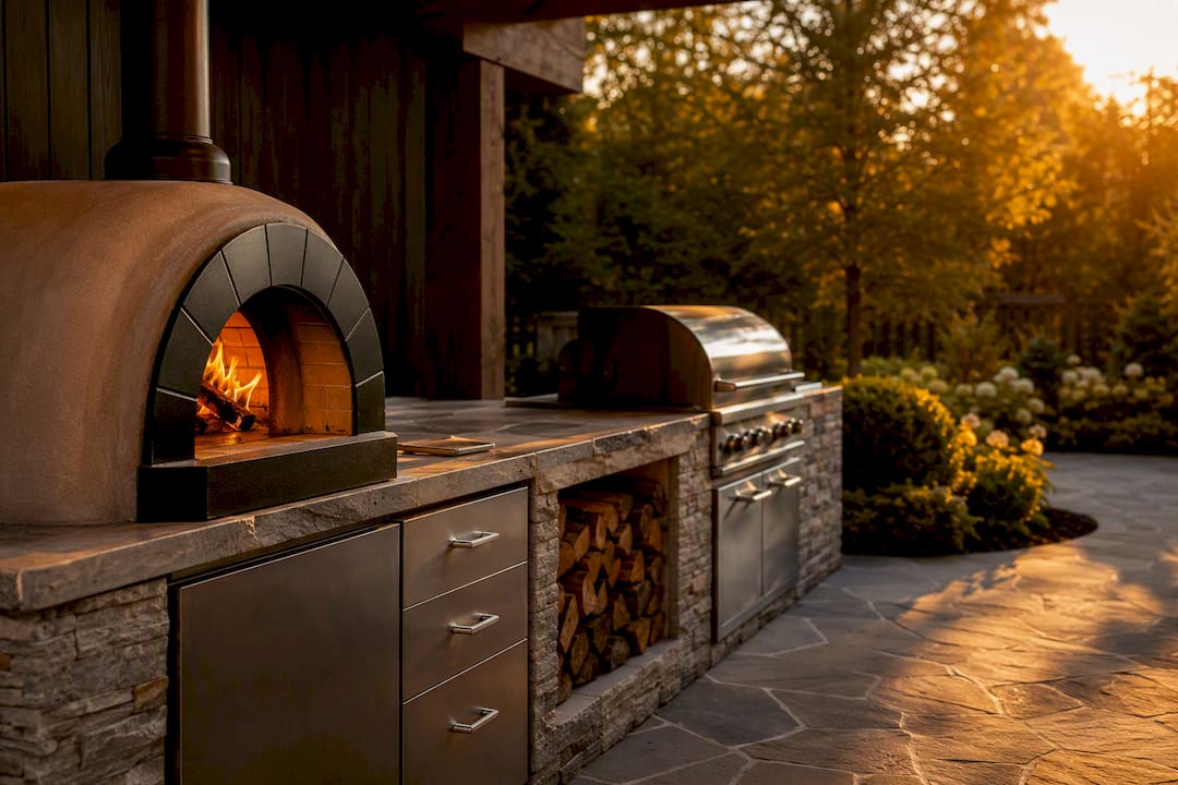Integrated pizza oven in outdoor kitchen patio